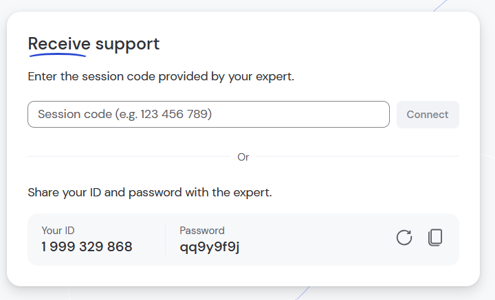 The Quick Support window. Under "Share your ID and password with the expert"
                          it shows a Your ID field and a Password field side by side.